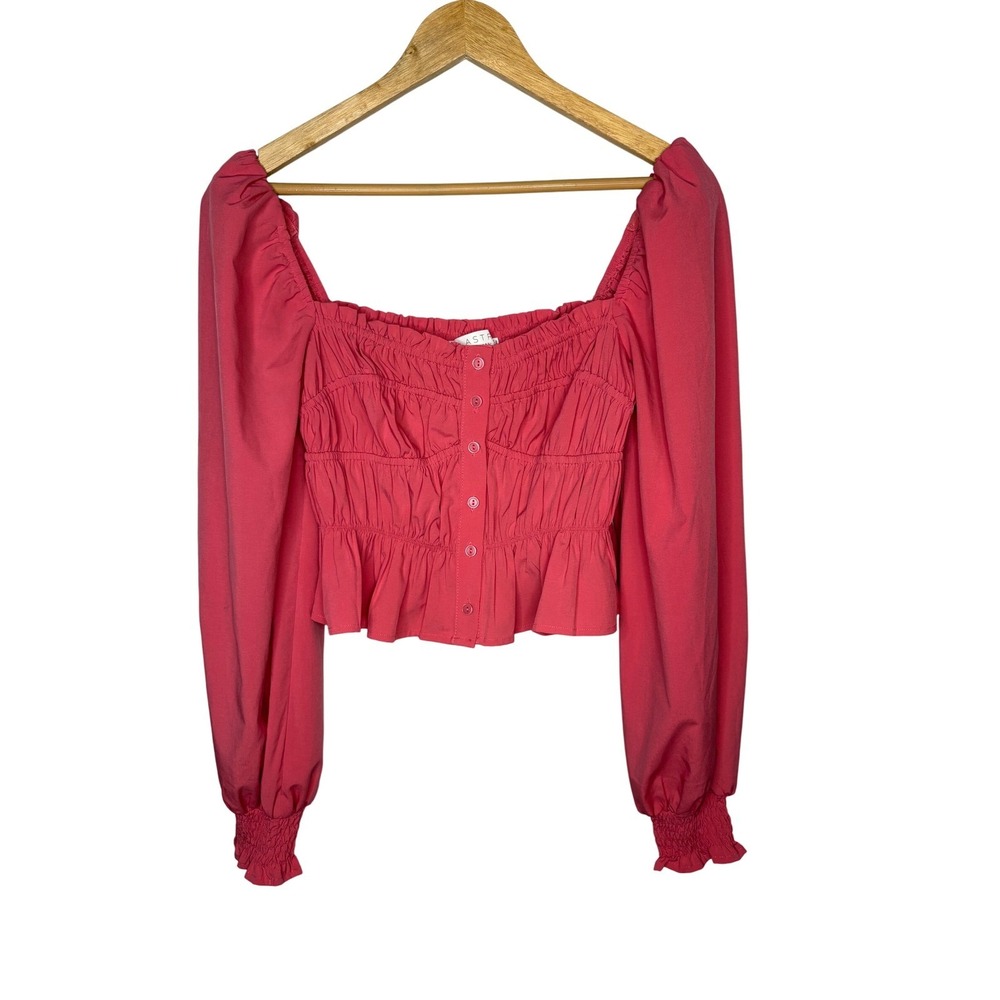 ASTR The Label Blouse Womens‎ Small Pink Smocked Peplum Long Sleeve Coquette - Picture 2 of 8